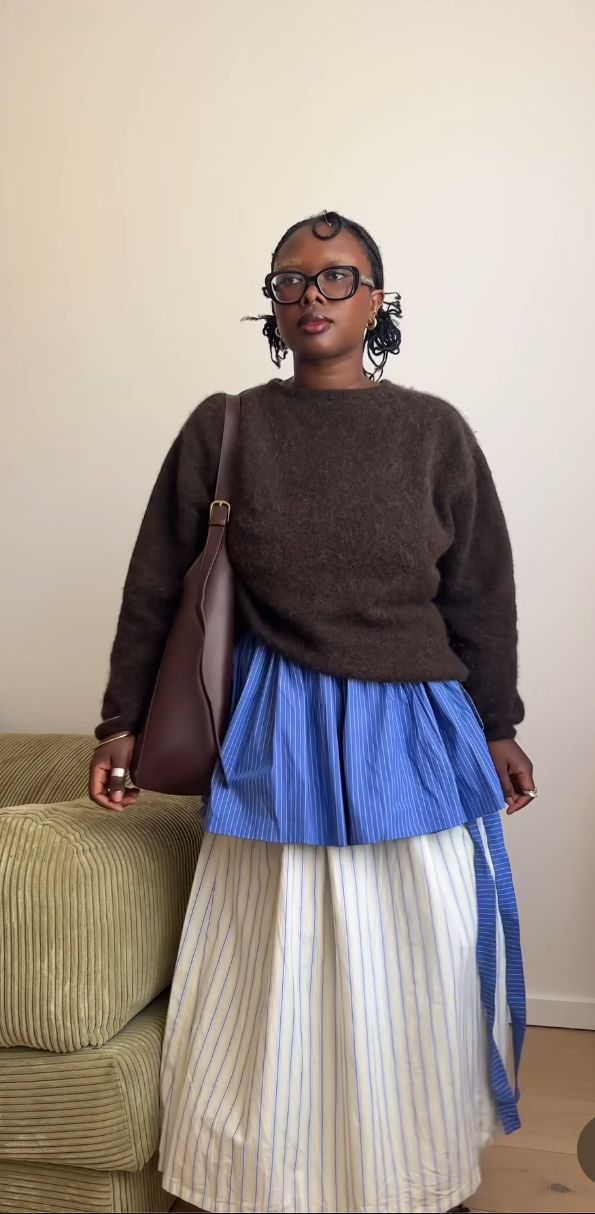 Brown sweater + layered skirt